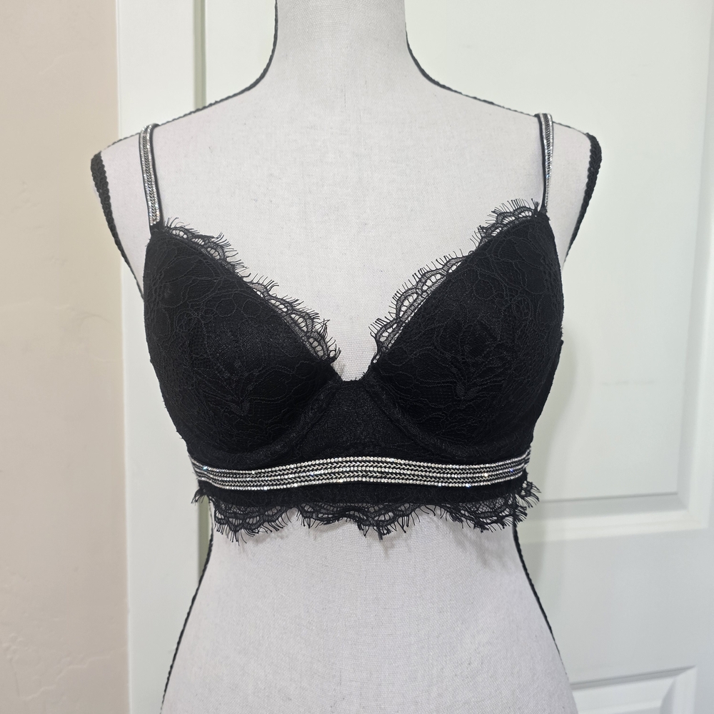 New VS Victoria’s Secret Very Sexy Shine Strap Demi Bra Black Lace Longline 36A
